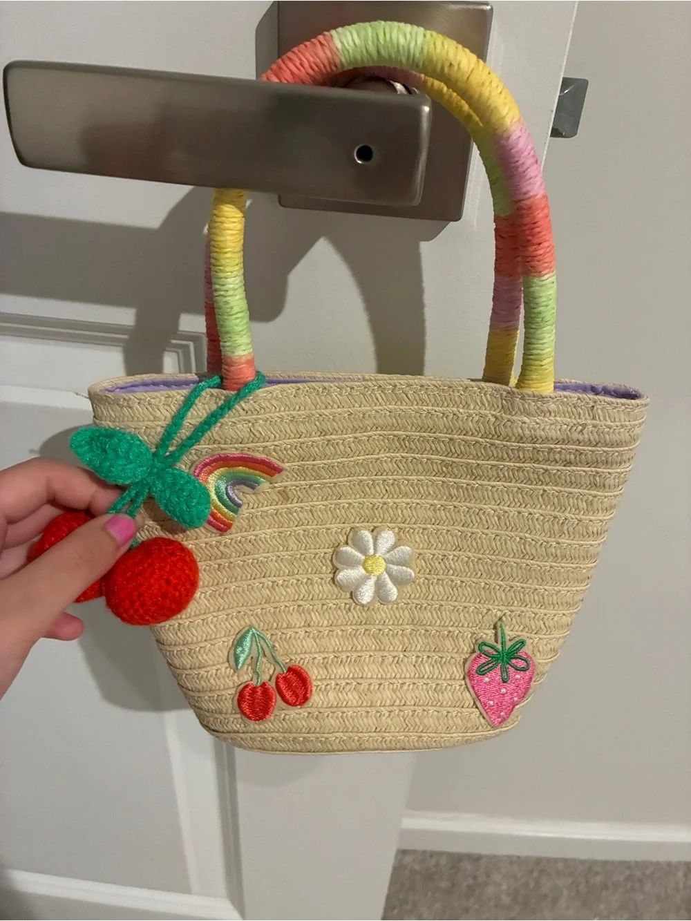 Cat&Jack Cute Straw Tote with Rainbow Handles and Fruit Patches